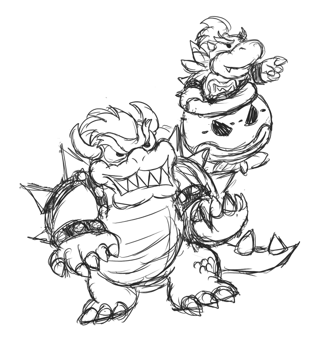 Black and white sketch of 2 characters, a turtle dragon creature with a spiked shell, Bowser from the Super Mario games and a smaller similar creature in a flying hovercraft ship with a clown face and a propeller, Bowser Jr.